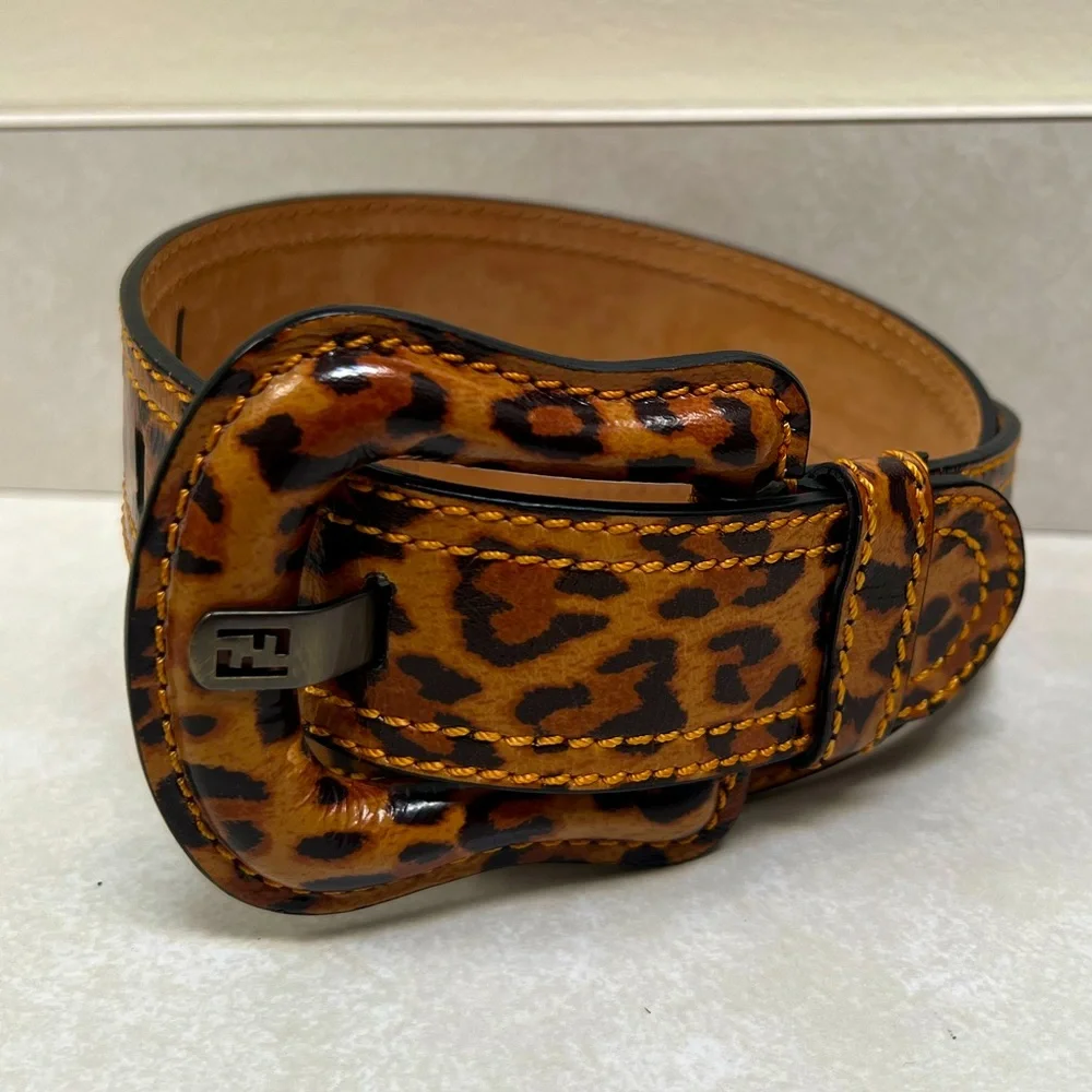 Fendi Wide Leopard Print Leather Belt Size 80/32 - Picture 2 of 13